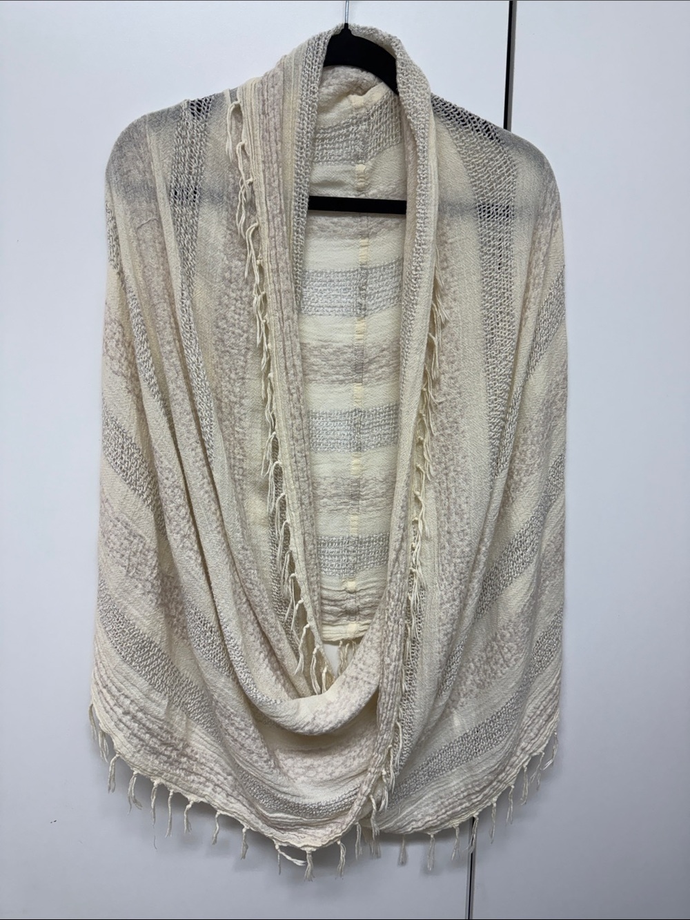 Vintage Boho Light Cream Fringe Knit Shawl Infinity Wrap - Women Accessories